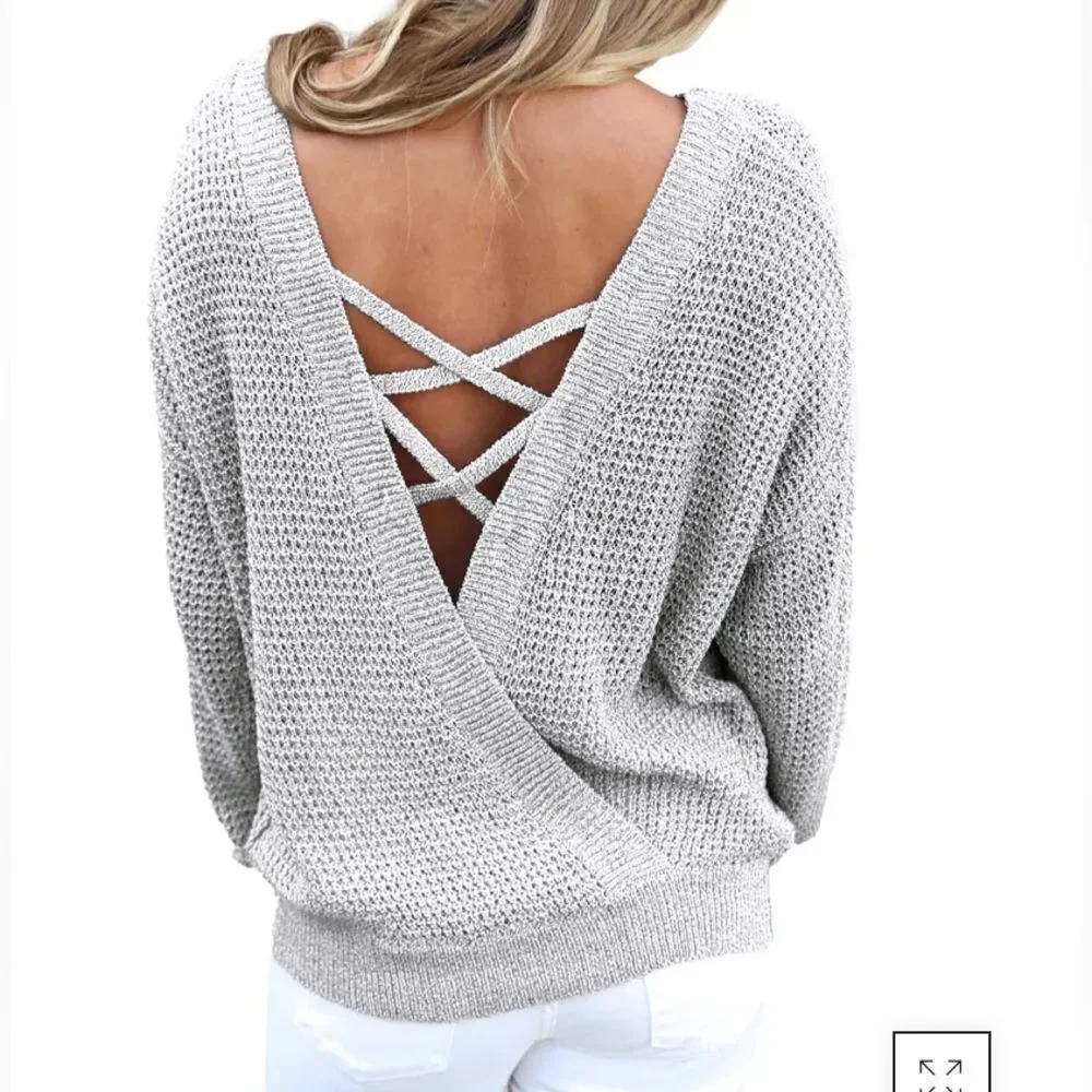 Ladies Grey Cross Back Hollowed-Out Sweater Size XL‎